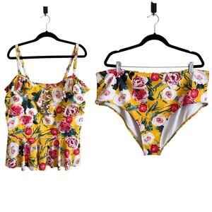 Womens Yellow Floral Print Ruffle High Waist Bikini Set Swimwear 3XL